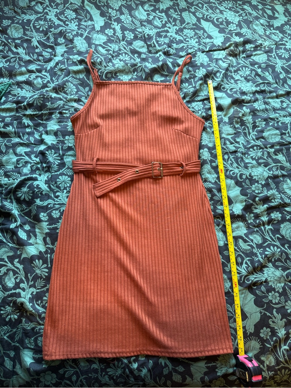 Ribbed Rust Sleeveless Belted Mini Dress